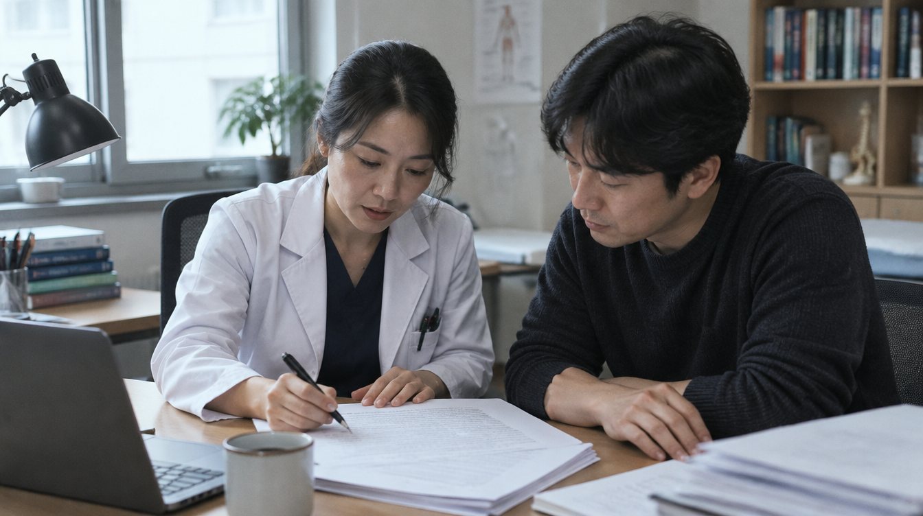 의료진과 작가가 원고를 함께 검토하는 모습